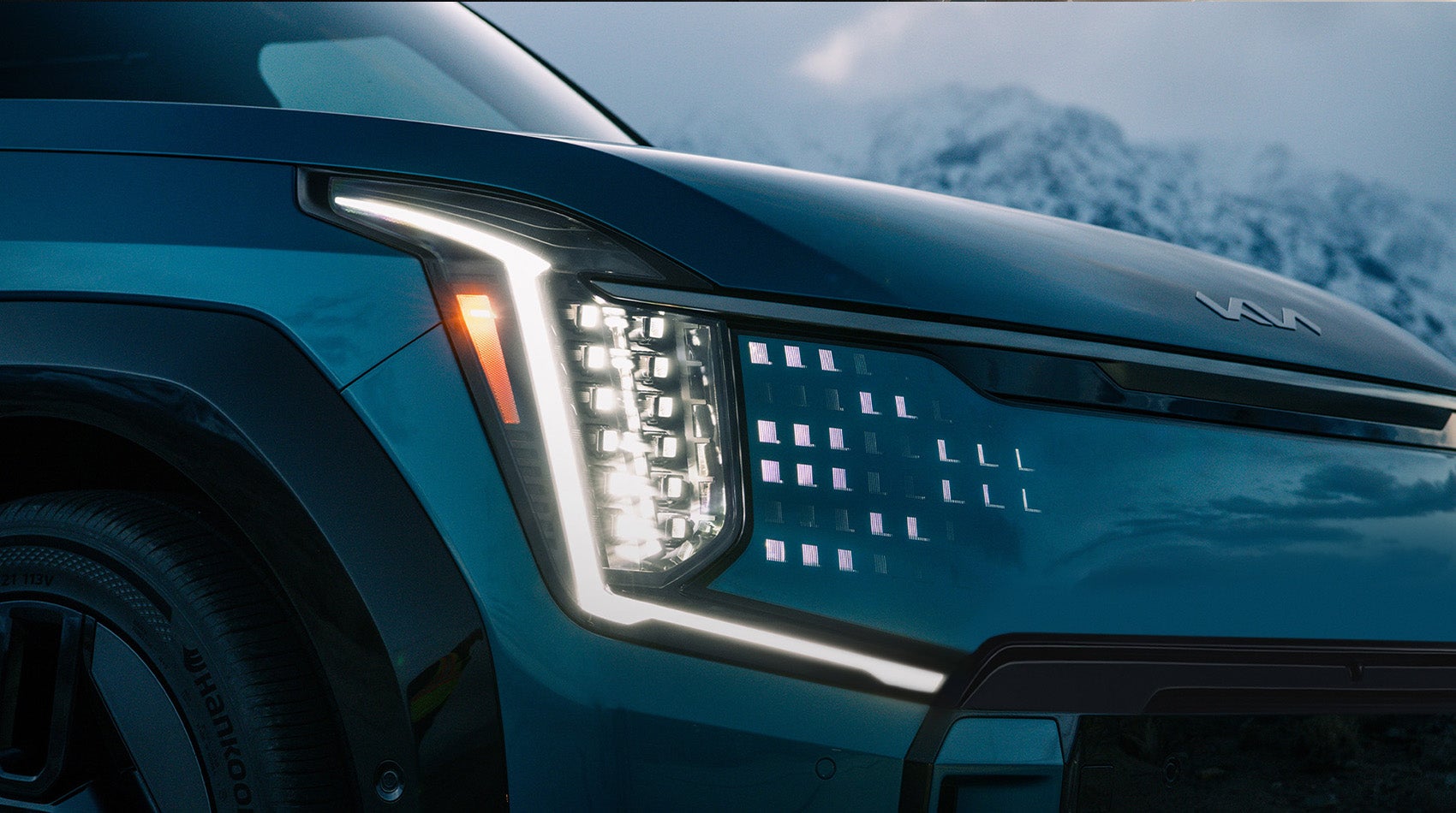 Kia car front with sleek LED headlights