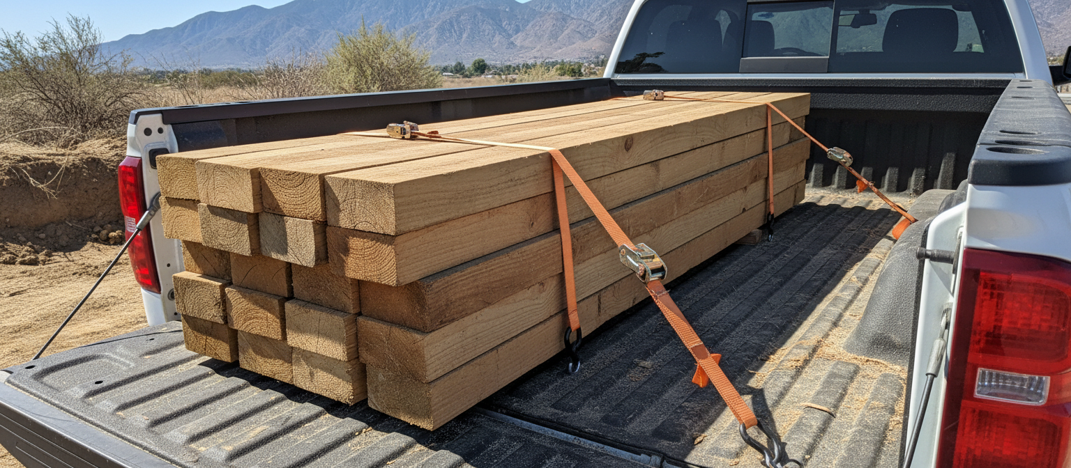 Chevrolet Silverado 1500 cargo tie-down points securing lumber in Hemet.