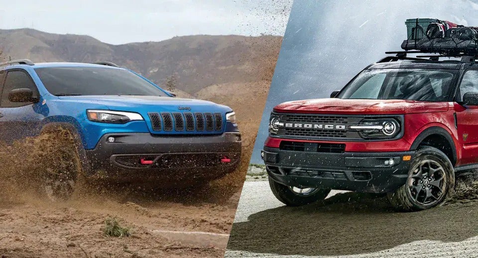 side by side photo of a Jeep Cherokee and a Ford Bronco