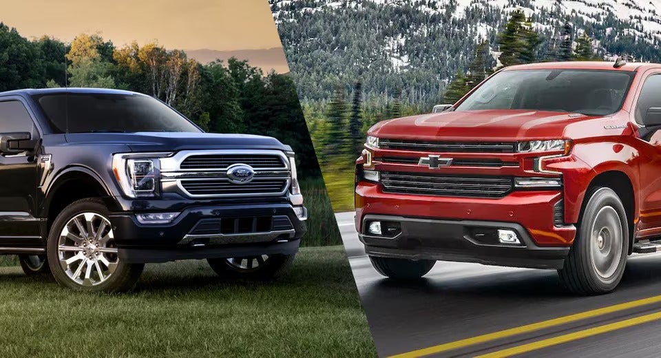 side by side shot of a F-150 and a Silverado
