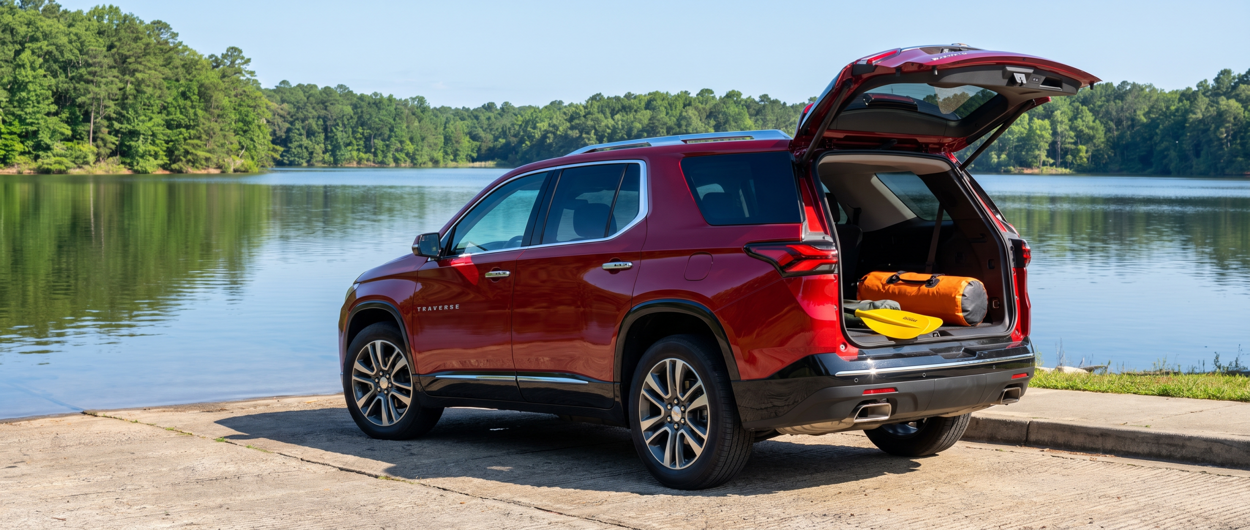 2026 Chevrolet Traverse at Lake Wateree boat ramp on a sunny South Carolina summer morning with rear hatch open