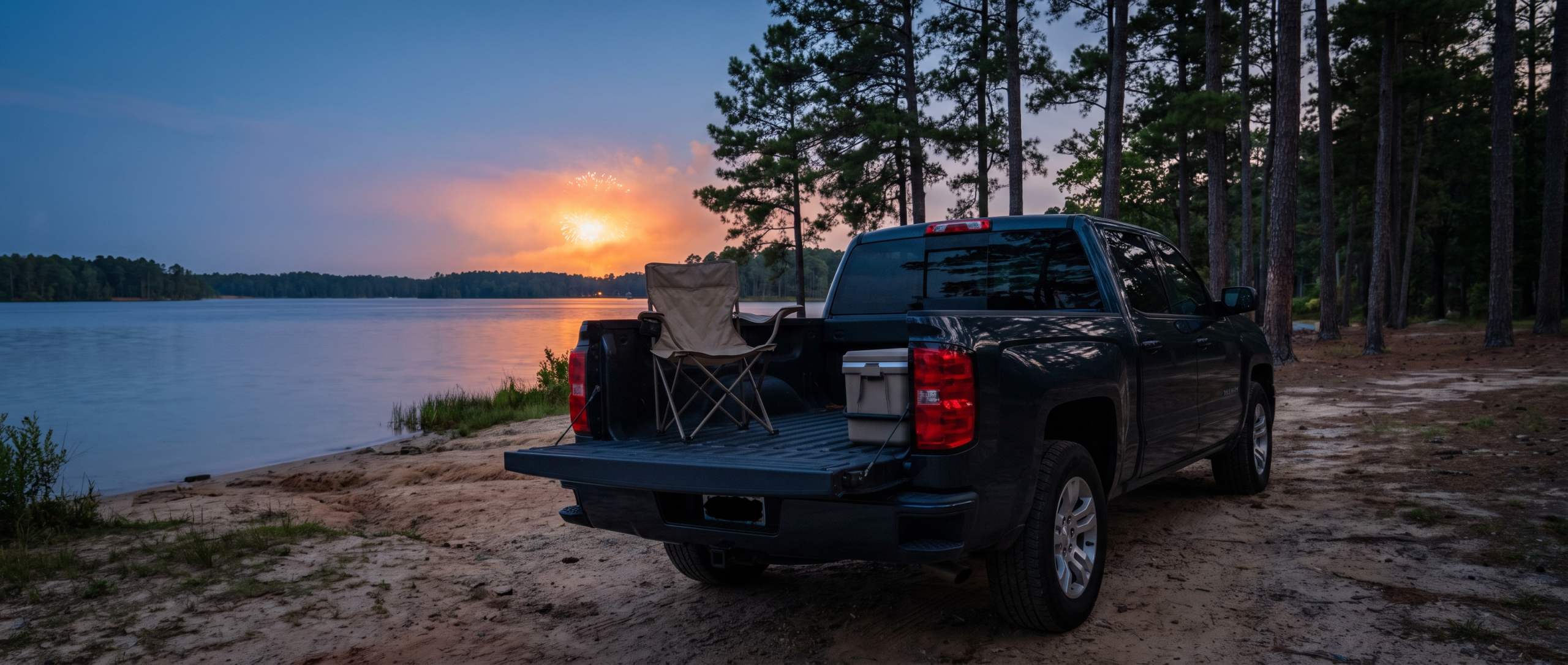 Chevrolet Silverado 1500 with tailgate down staged for fireworks viewing at a South Carolina lake at dusk
