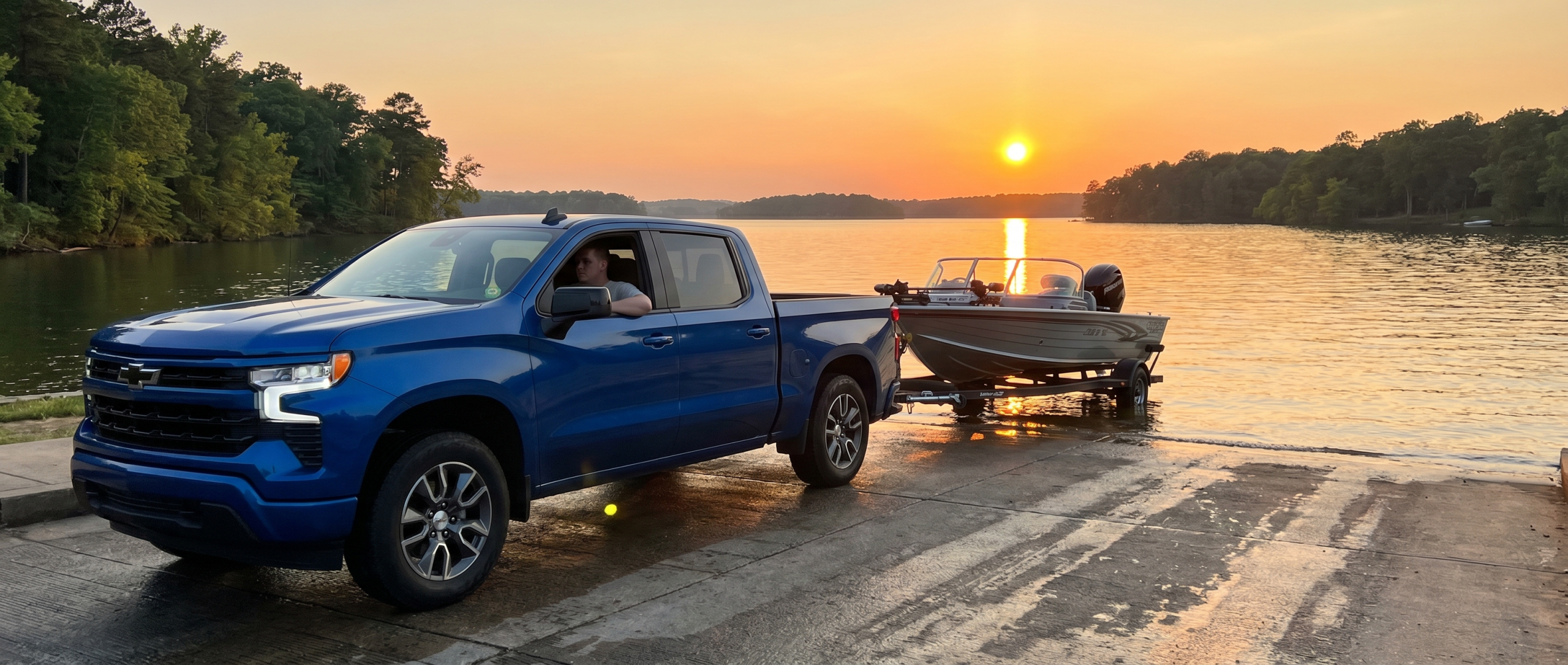 Chevrolet Silverado towing boat at Lake Wateree launch ramp in Winnsboro, SC