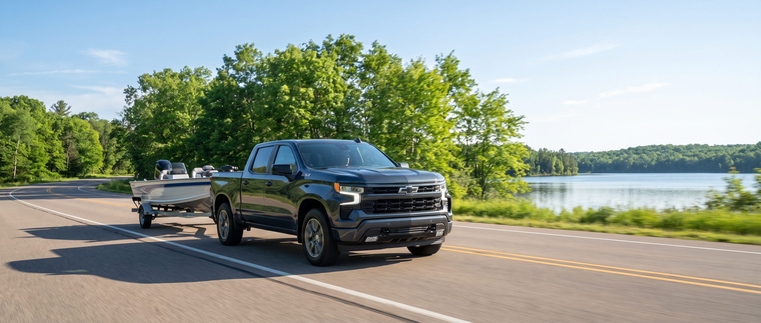 2026 Chevrolet Silverado 1500 towing a boat on a South Carolina highway near Lake Murray