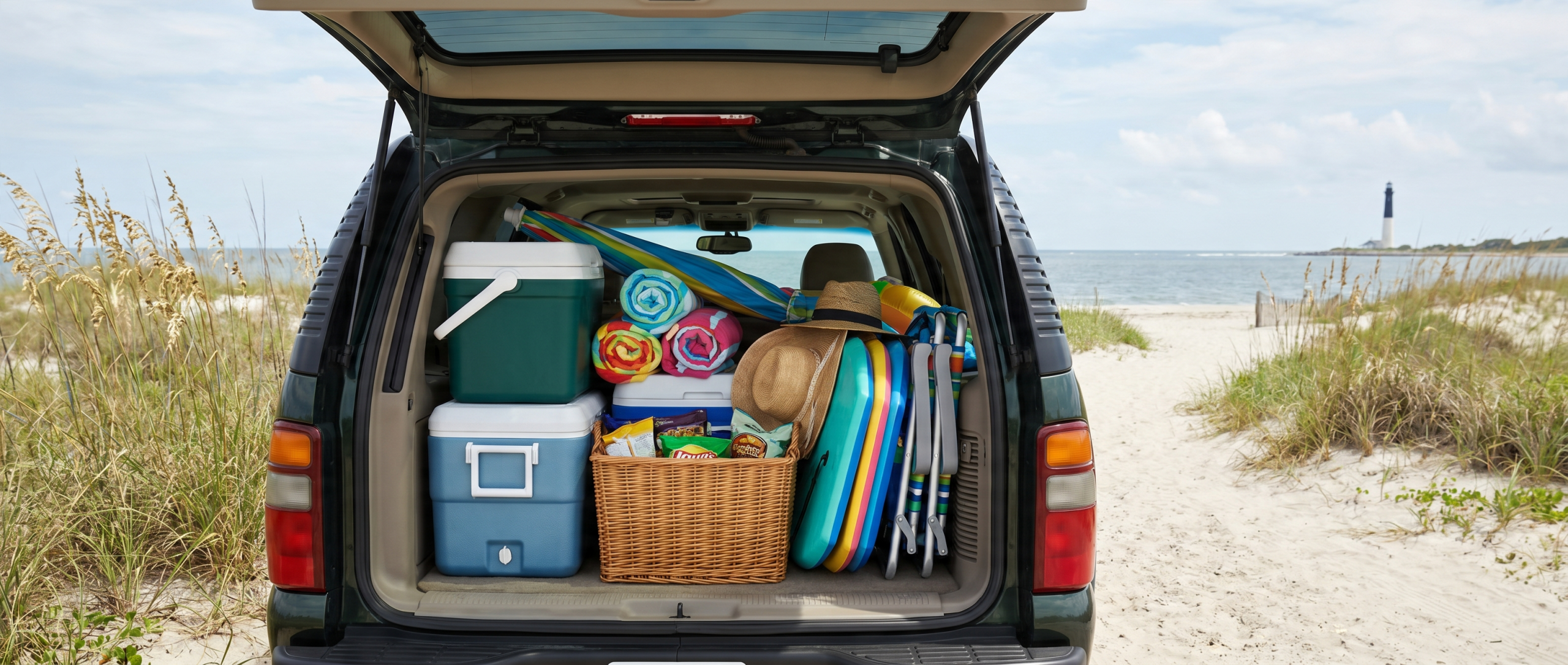 Chevrolet Suburban cargo area packed for beach trip from Winnsboro, SC