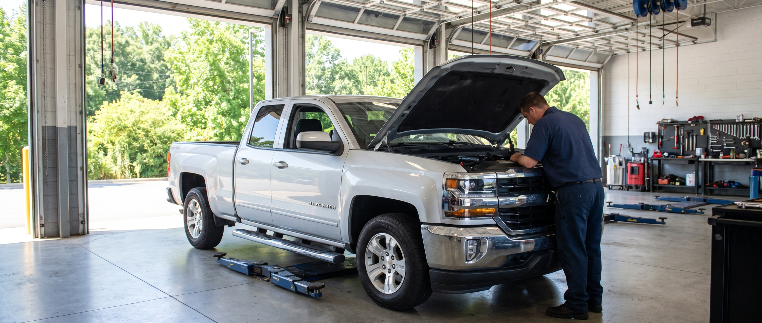 Chevrolet technician performing a pre-road-trip inspection at Wilson Chevrolet service center in Winnsboro SC