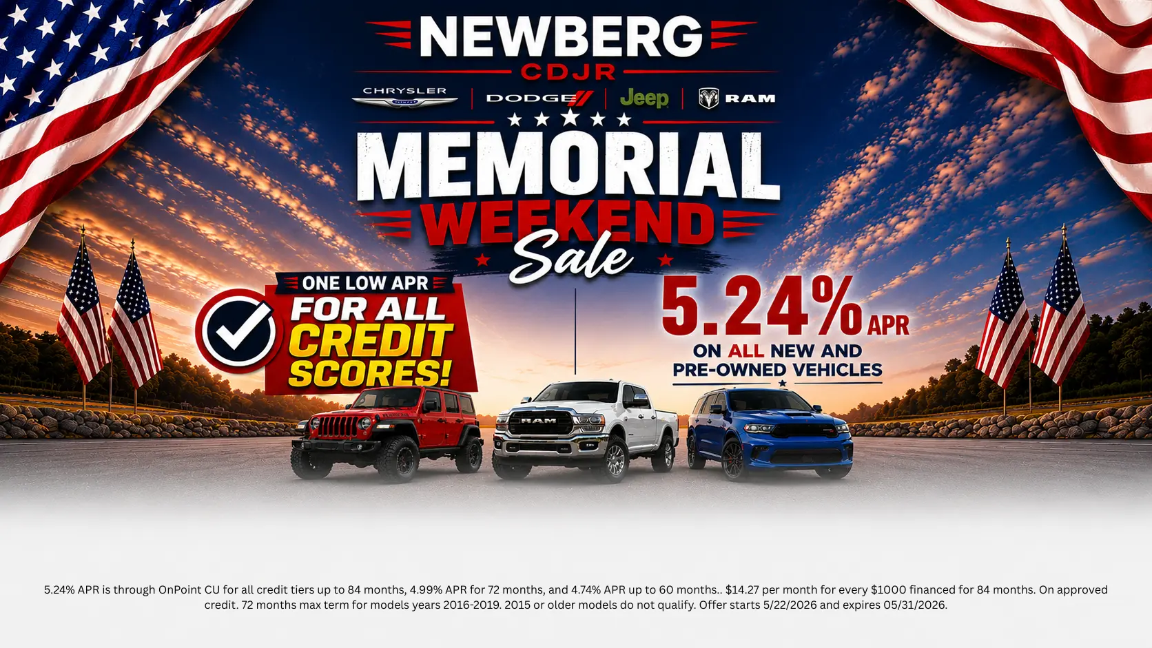 Newberg Chrysler Dodge Jeep Ram Memorial Day Sale — savings on new and used CDJR vehicles in Newberg, Oregon.