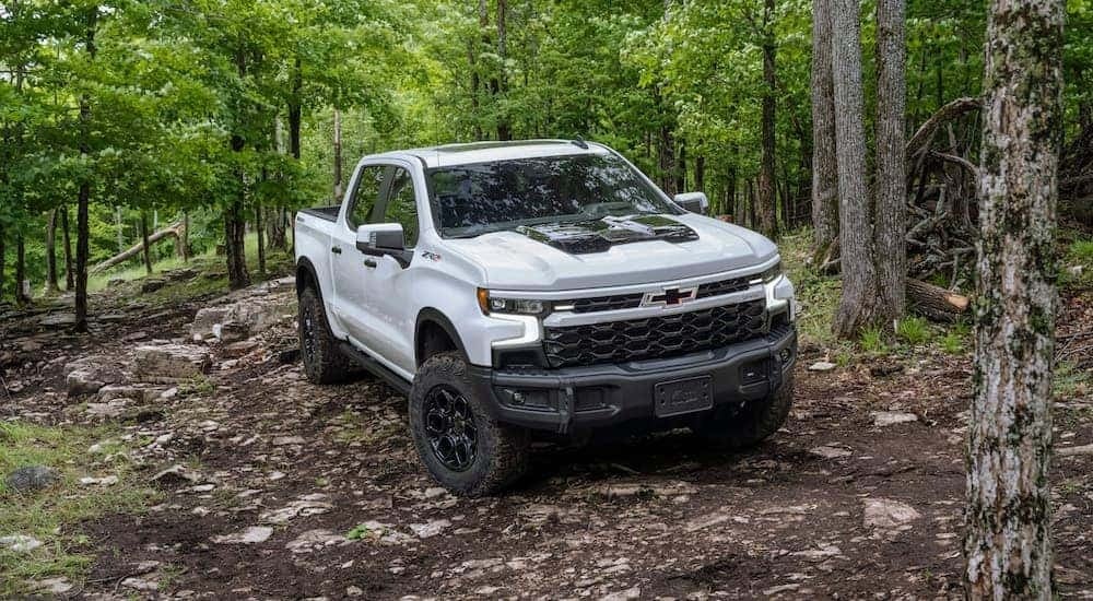 A white 2023 Chevy Silverado ZR2 Bison is shown from the front at an angle.