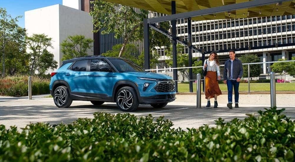 A blue 2025 Chevy Trailblazer RS is shown parked after viewing a Chevy Trailblazer for sale.