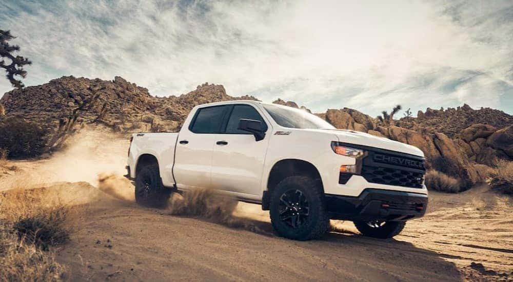A white 2024 Chevy Silverado 1500 Z71 Trail Boss is shown driving on a cloudy day.