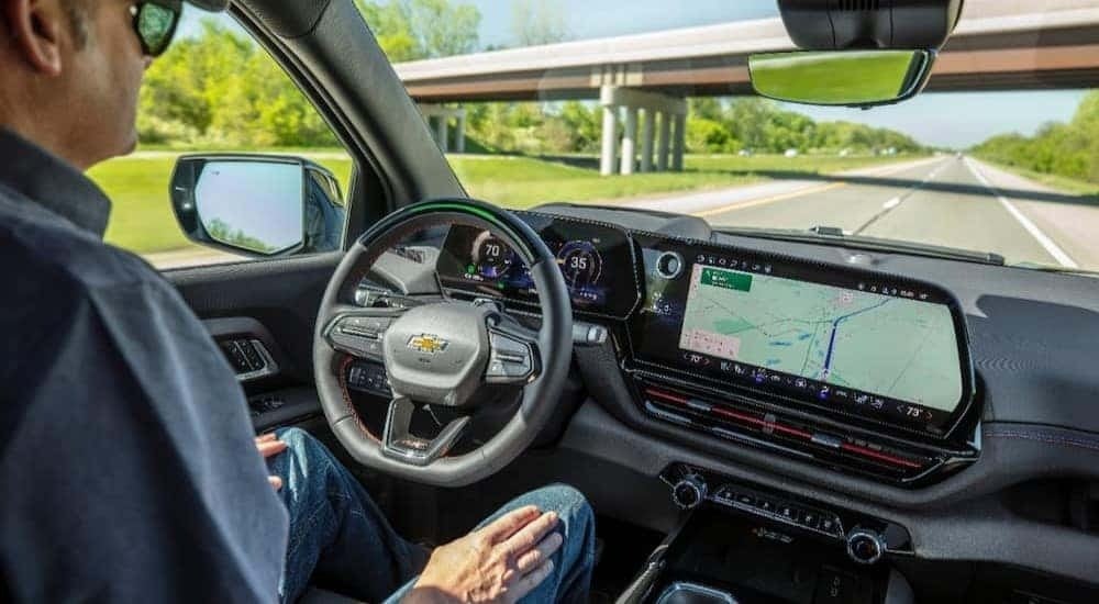The black interior and dash in a 2024 Chevy Silverado EV is shown