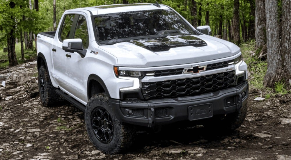 Polar white 20206 Chevy Silverado 1500 ZR2 driving off-road.