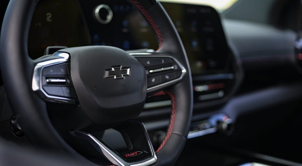 Close up of the steering wheel in a 2024 Chevy Silverado EV