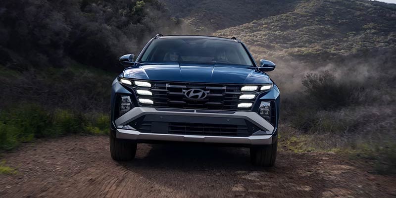 A blue Hyundai SUV on a dirt road surrounded by hills and vegetation.