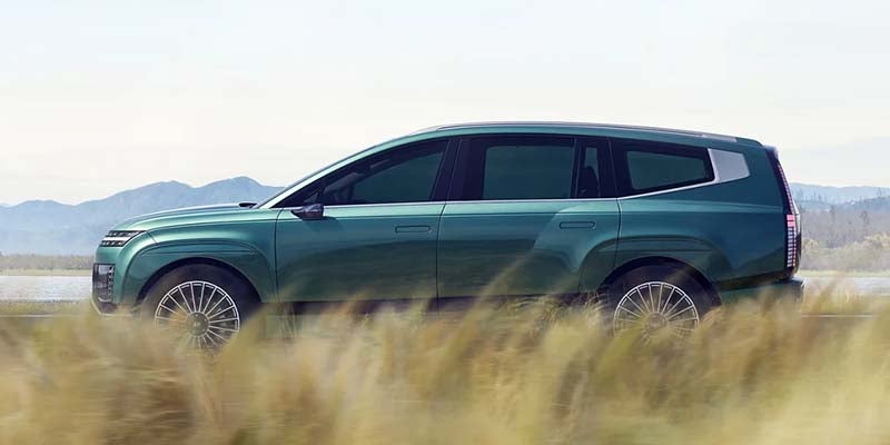 Green Hyundai IONIQ 9 SUV shown in side profile driving through tall grass with mountains and open landscape in the background.