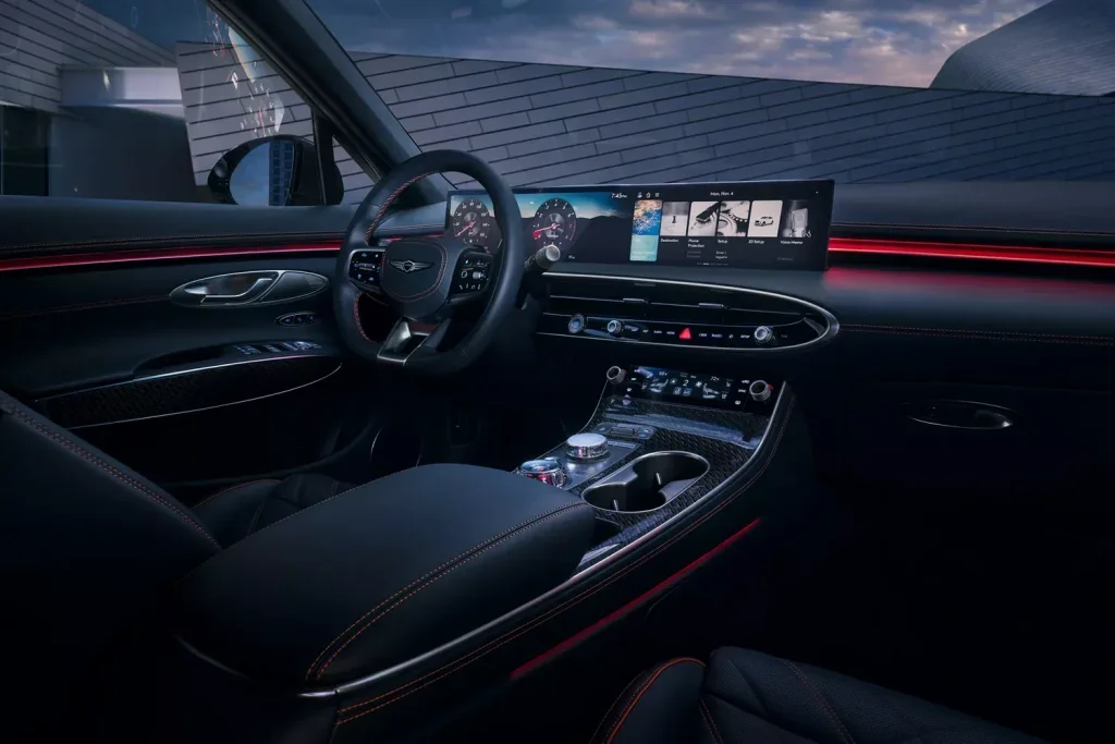 Elegant interior of the 2026 Genesis GV70, showcasing high-end finishes, modern controls, and comfortable seating.