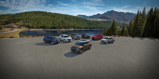 collection of Chevy vehicles parked in front of a lake with mountains in the distance