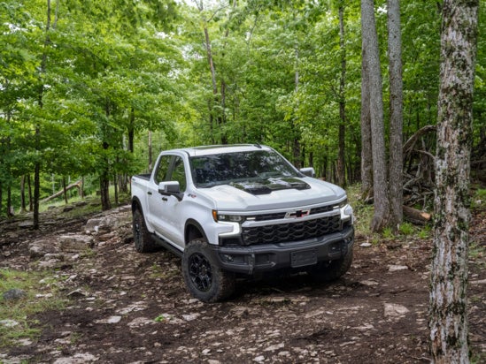 white Chevy Silverado parked off road in the woods