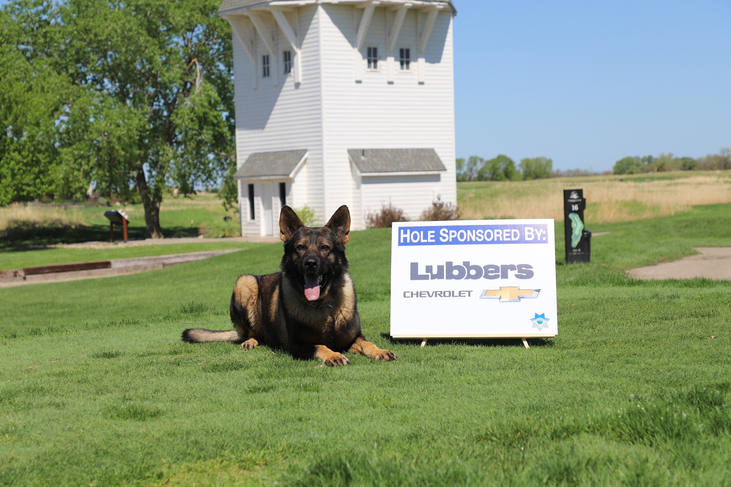 K9 Event Photo.JPG K9 dog next to a sponsorship board at a golf course