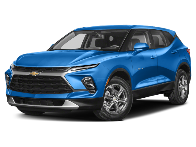 An all-new Riptide Blue Metallic 2024 Chevy Blazer over a white backdrop. - Boyd GM Dealership Oxford, NC