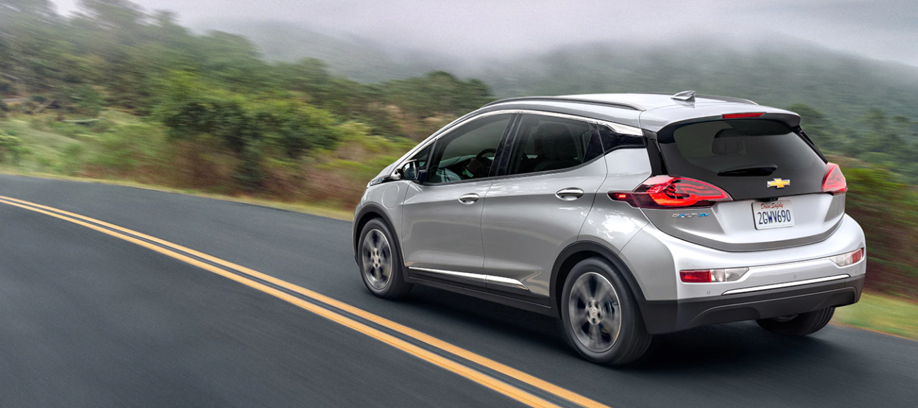 Chevy Bolt on the road, back right angle view