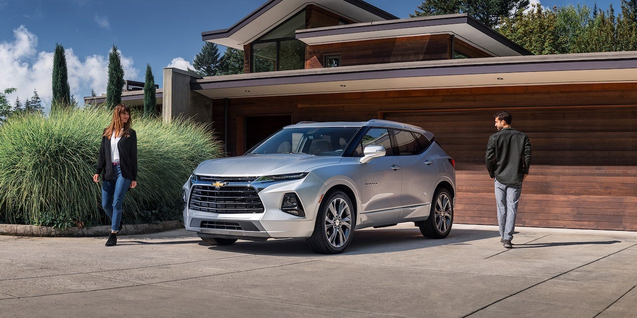 exterior front rear of a silver 2021 chevy blazer
