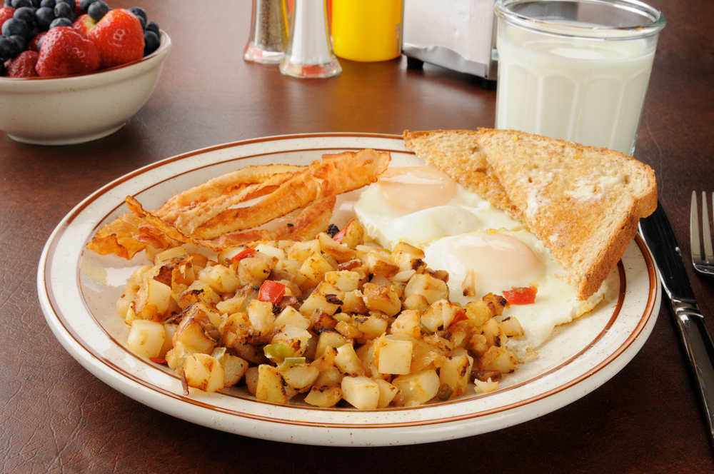 breakfast plate with 2 sunnyside up, toast, potatoes, bacon
