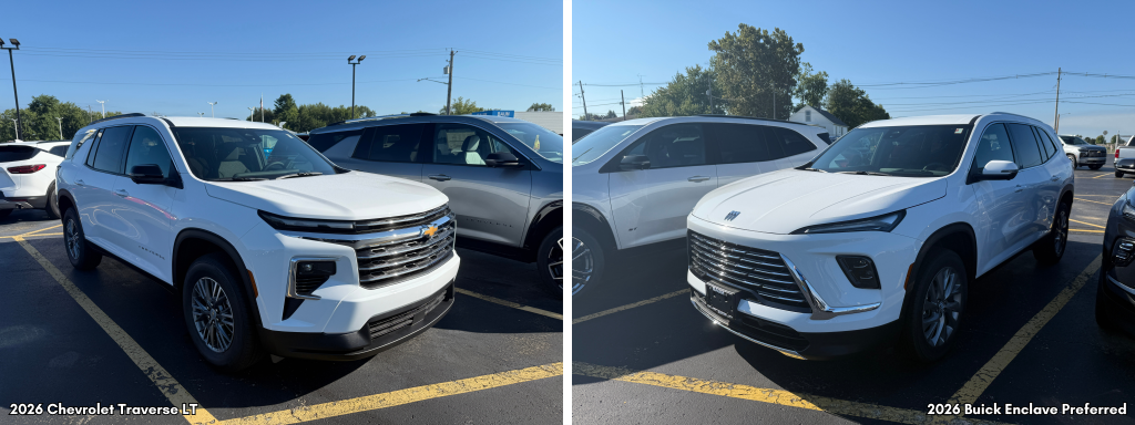 2026 Buick Enclave Preferred white vs 2026 Chevrolet Traverse LT white
