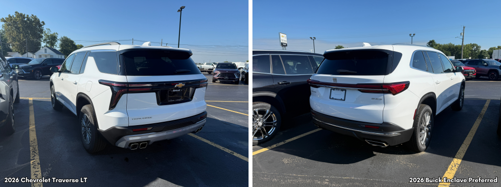 2026 Chevrolet Traverse rear three quarter view in white vs 2026 Buick Enclave rear quarter view white and black.