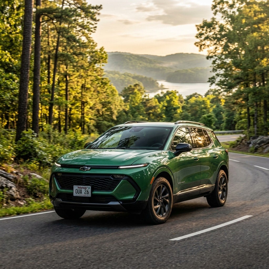 New 2026 Chevrolet Equinox front side angle in the Ouachita National Forest near Hot Springs Arkansas