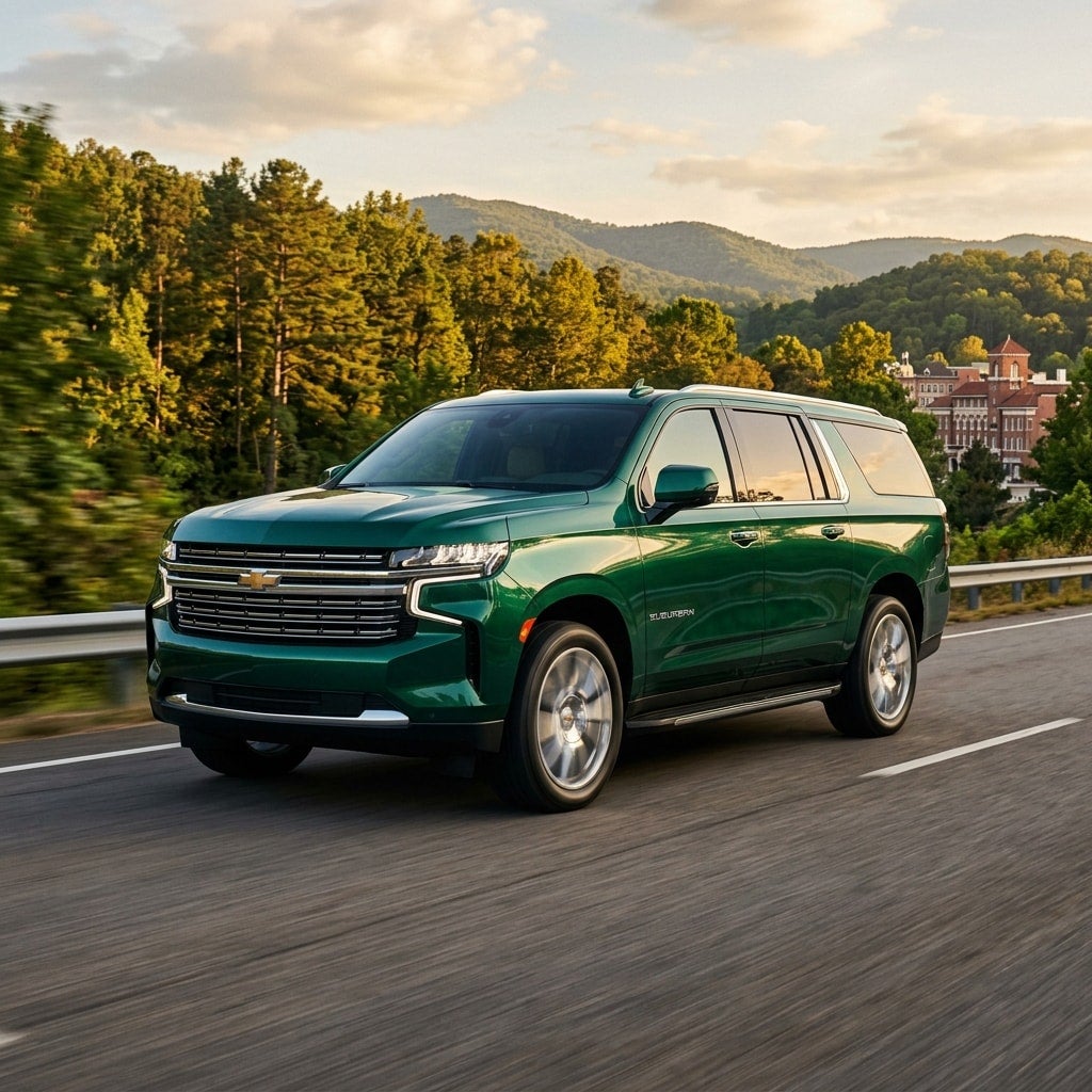 2026 Chevrolet Suburban cruising smoothly on a scenic Arkansas highway near Hot Springs low-angle tracking shot