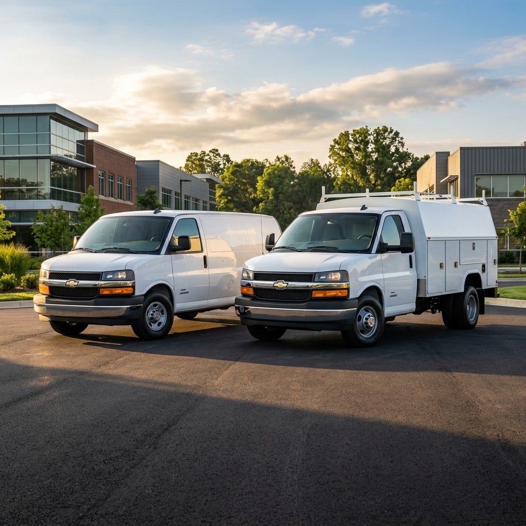 2026 Chevrolet Express Cargo Van and Cutaway utility box upfit parked at a commercial business