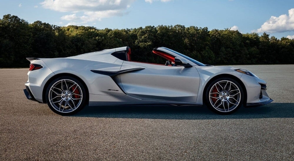 "A 2023 Chevy Corvette Z06 is shown from the side while parked.