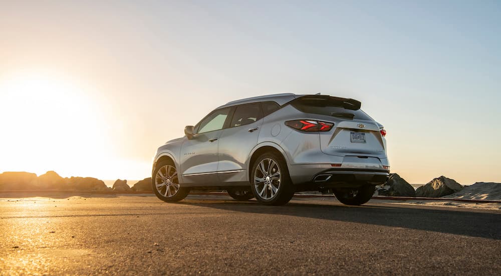 A silver 2021 Chevy Blazer is shown on a sunny day.