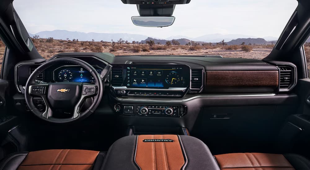Black and tan leather interior of a 2026 Silverado 3500 HD