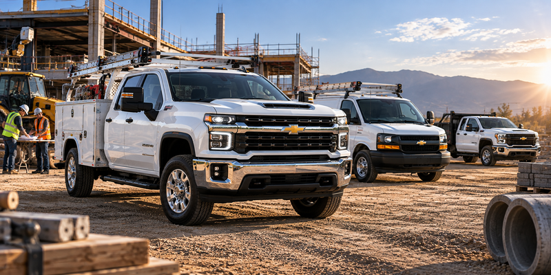 Chevrolet commercial fleet vehicles at an active worksite