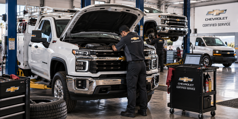 Chevrolet work truck receiving fleet maintenance service