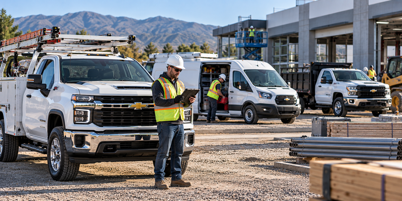 Chevrolet fleet vehicles operating at a commercial construction site