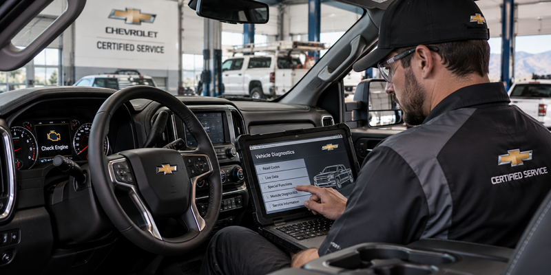 Chevrolet technician performing vehicle diagnostics with a diagnostic tablet