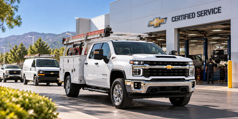 Chevrolet work truck leaving a Certified Service facility after fleet service
