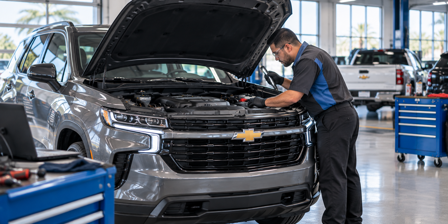 Chevrolet vehicle receiving air conditioning service at Diamond Chevrolet of Banning