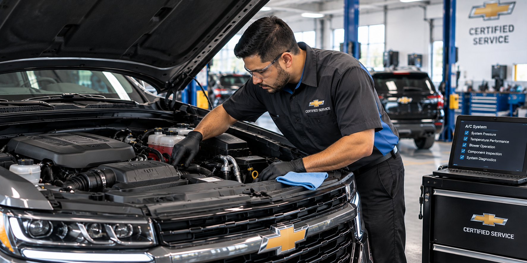Technician checking air conditioning airflow from a Chevrolet dashboard vent