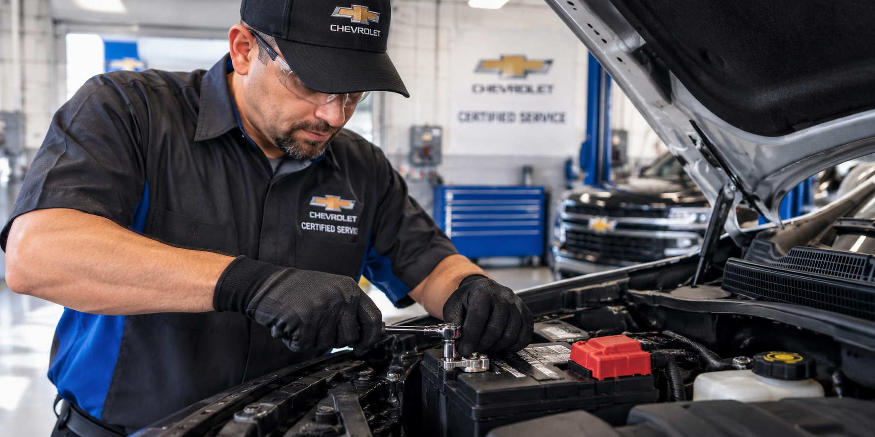 Technician performing Chevrolet battery service at Diamond Chevrolet of Banning