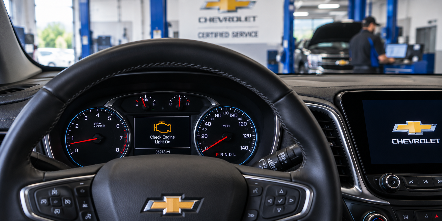Technician diagnosing a Chevrolet check engine light at Diamond Chevrolet of Banning