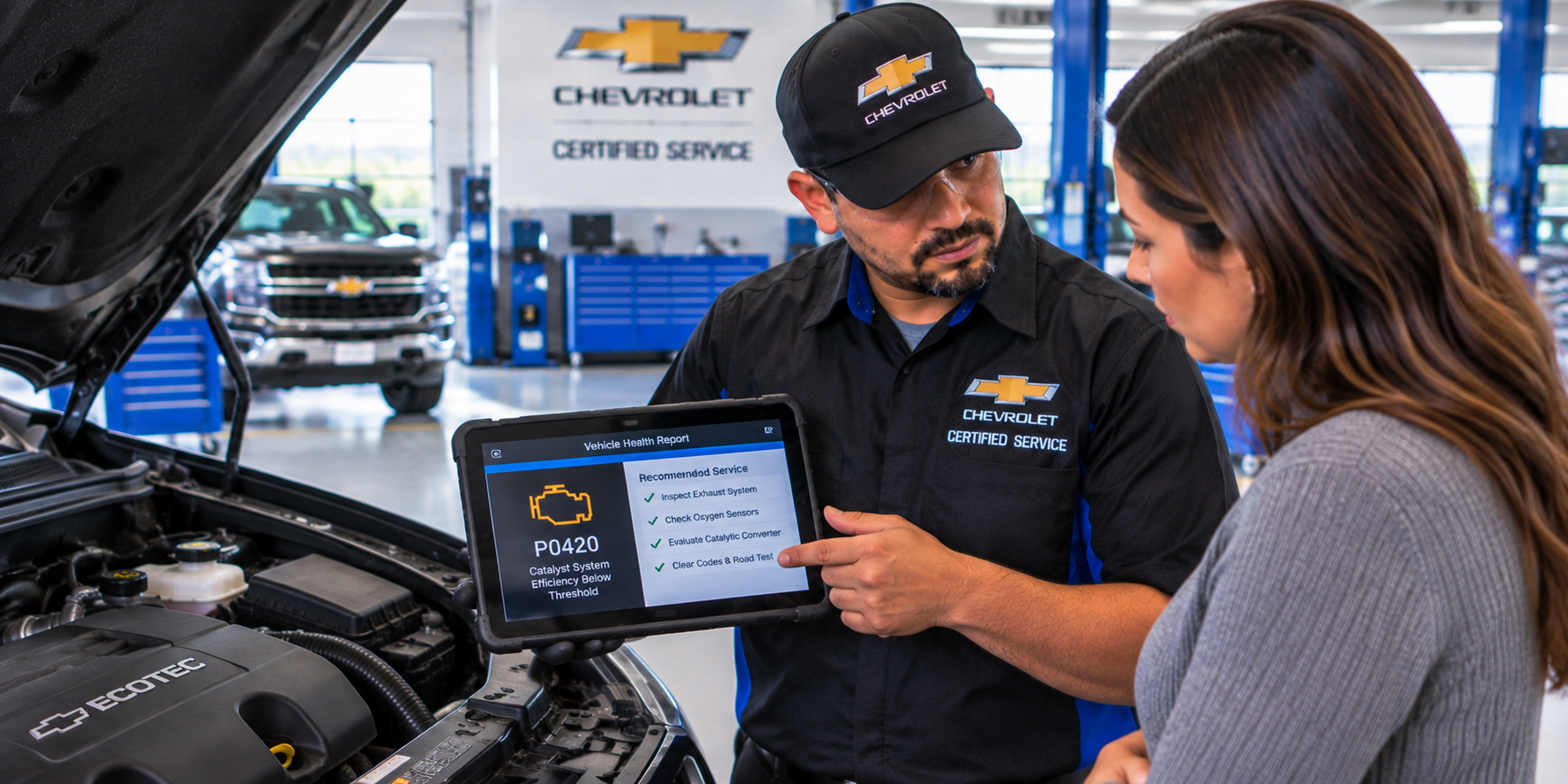 Diamond Chevrolet technician helping a customer with check engine light service
