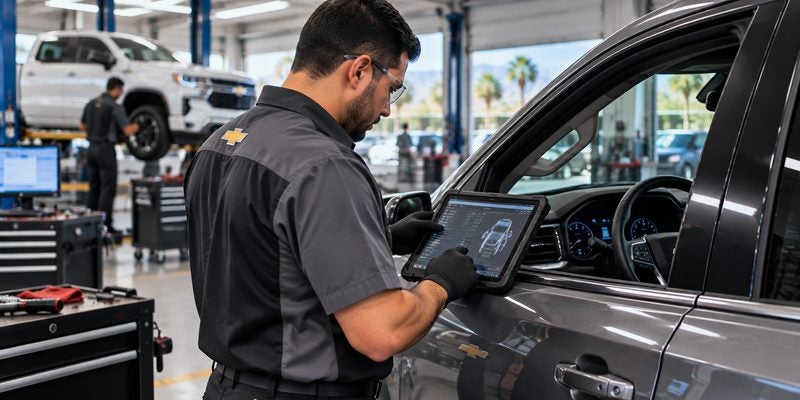 Chevrolet service technician using diagnostic equipment