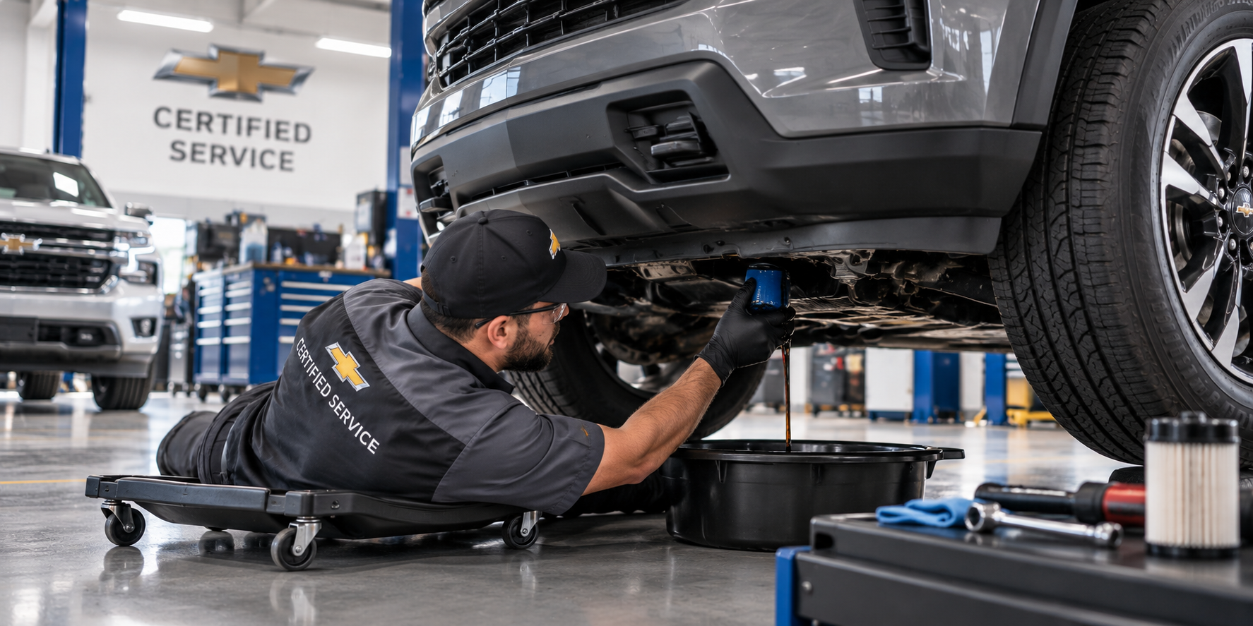 Certified Chevrolet technician performing an oil change