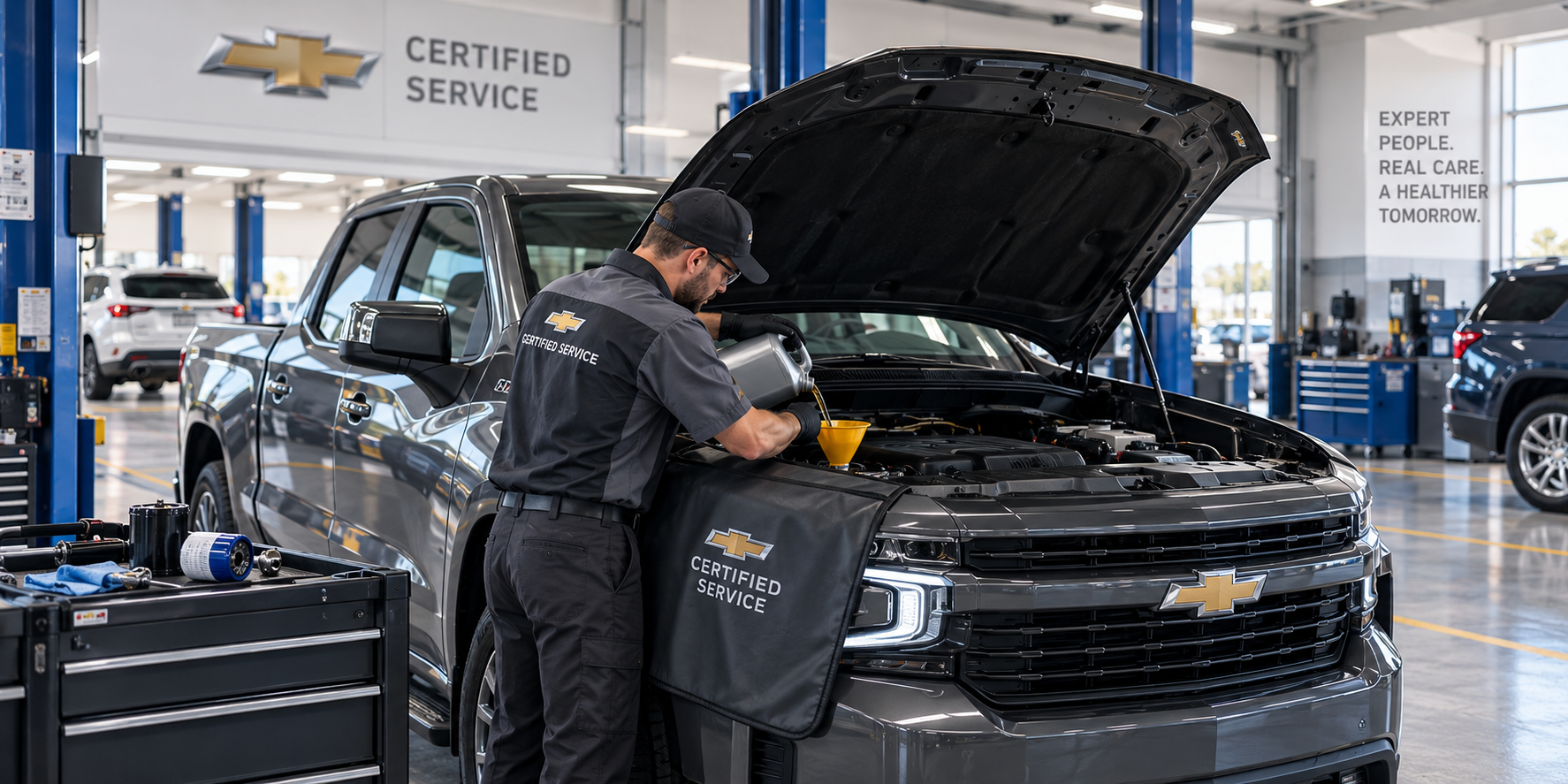 Chevrolet Silverado receiving professional oil change service