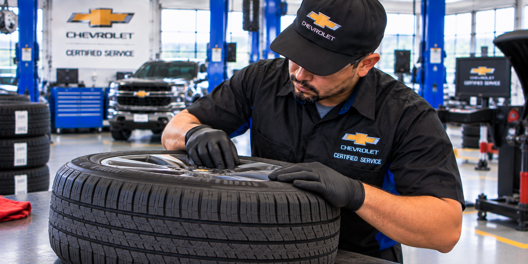 Technician performing Chevrolet tire service at Diamond Chevrolet of Banning