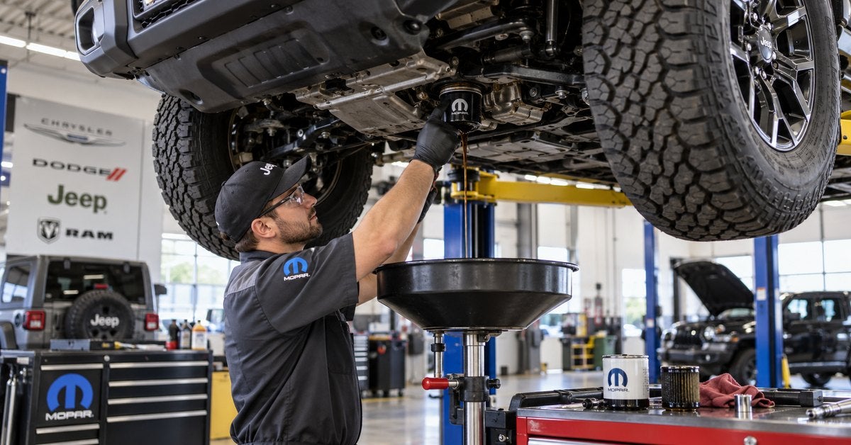 Illustration of an automotive technician replacing an oil filter under a raised Jeep
